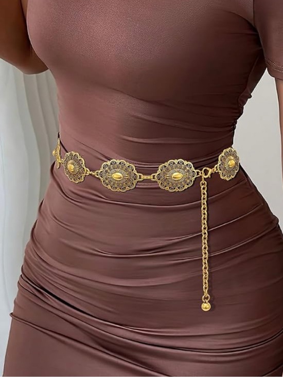 Western Vintage Boho Gold Floral Link Waist Chain Belt main image 7
